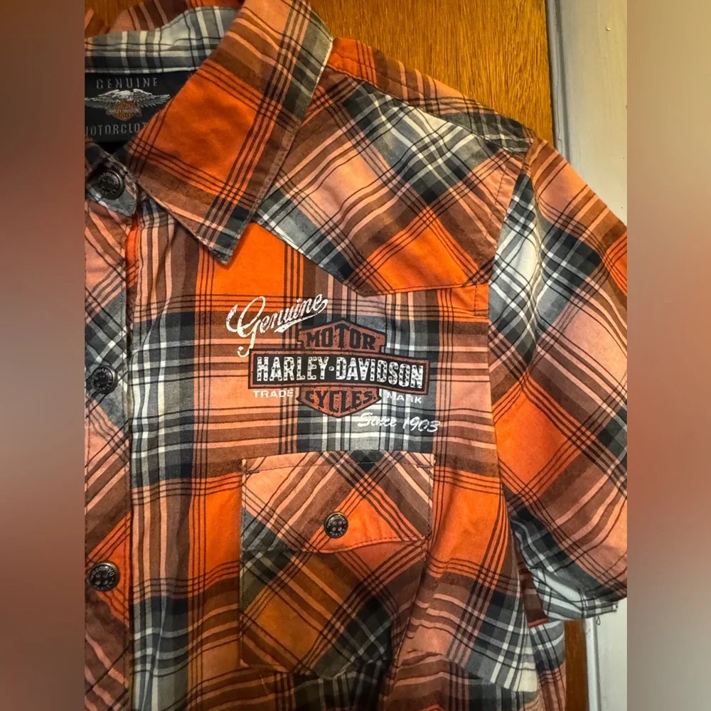 HARLEY-DAVIDSON Women’s Size L Shirt Snap Front Plaid Short Sleeve HD Logo - Picture 2 of 9
